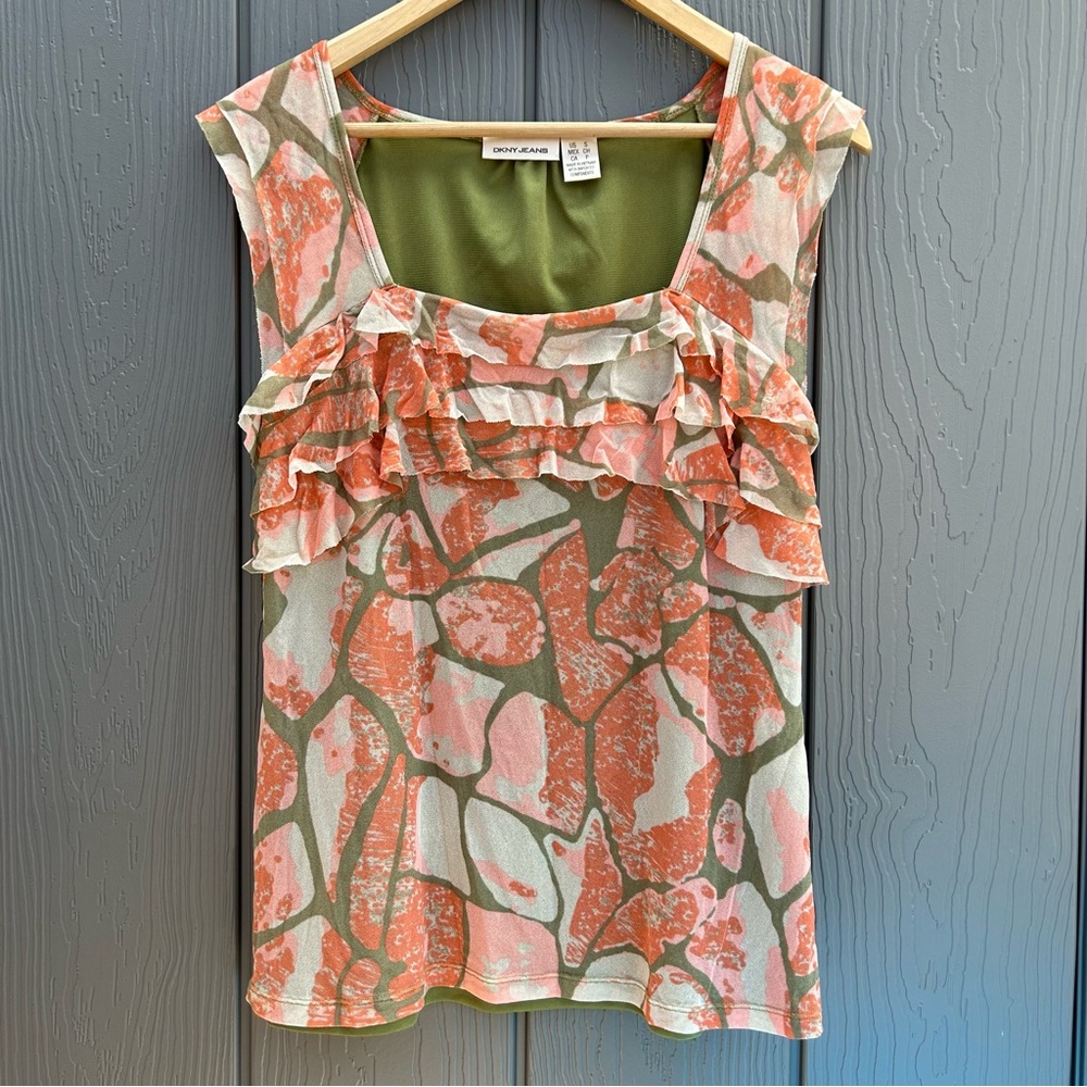 Vintage Y2K DKNY Sleeveless Top Ruffle Detail Womens Small Orange & Khaki Green